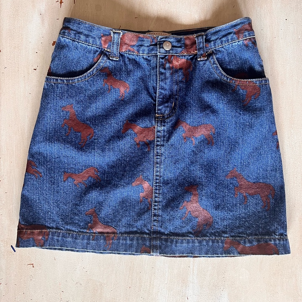 Denim mini skirt with horse print